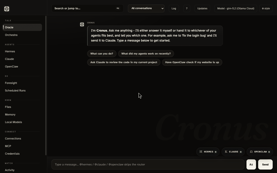 Live demo: typing a question into Cronus chat and getting an answer